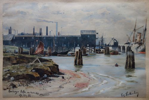 Fritz Stoltenberg: Hamburger Hafen, vom AmerikahÃ¶ft gesehen. Signiert, 1892 datiert. Aquarell und
Gouache, 23,2 : 34,7 cm. Privatbesitz Hamburg